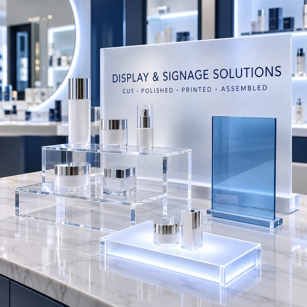 Retail display and signage: cut, polished, printed, assembled